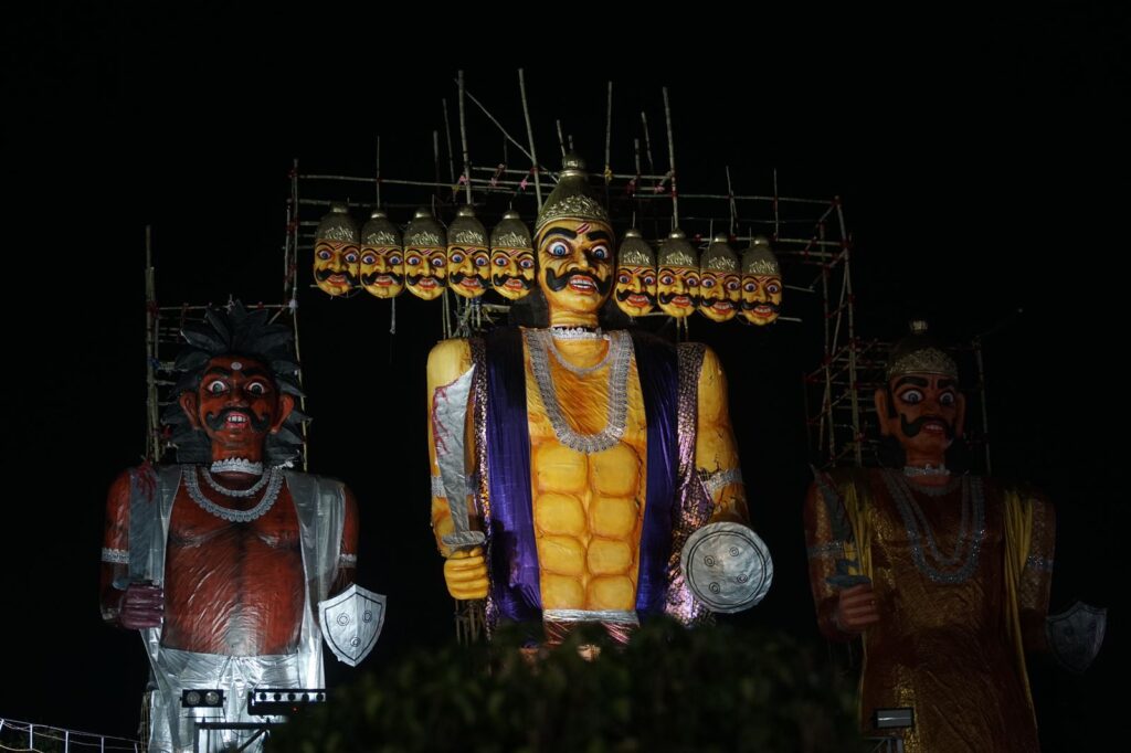 50-feet-tall Ravana effigy burnt on Dussehra organized by Salt Lake Sanskritik Sansad & Sanmarg at Central Park (Salt Lake), Kolkata