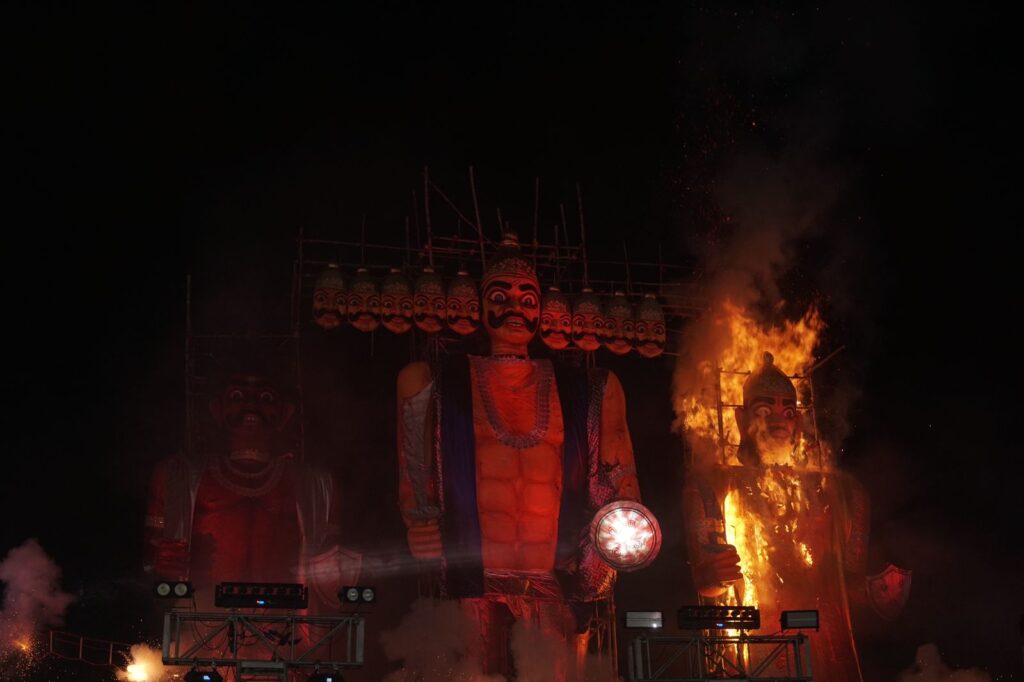 50-feet-tall Ravana effigy burnt on Dussehra organized by Salt Lake Sanskritik Sansad & Sanmarg at Central Park (Salt Lake), Kolkata