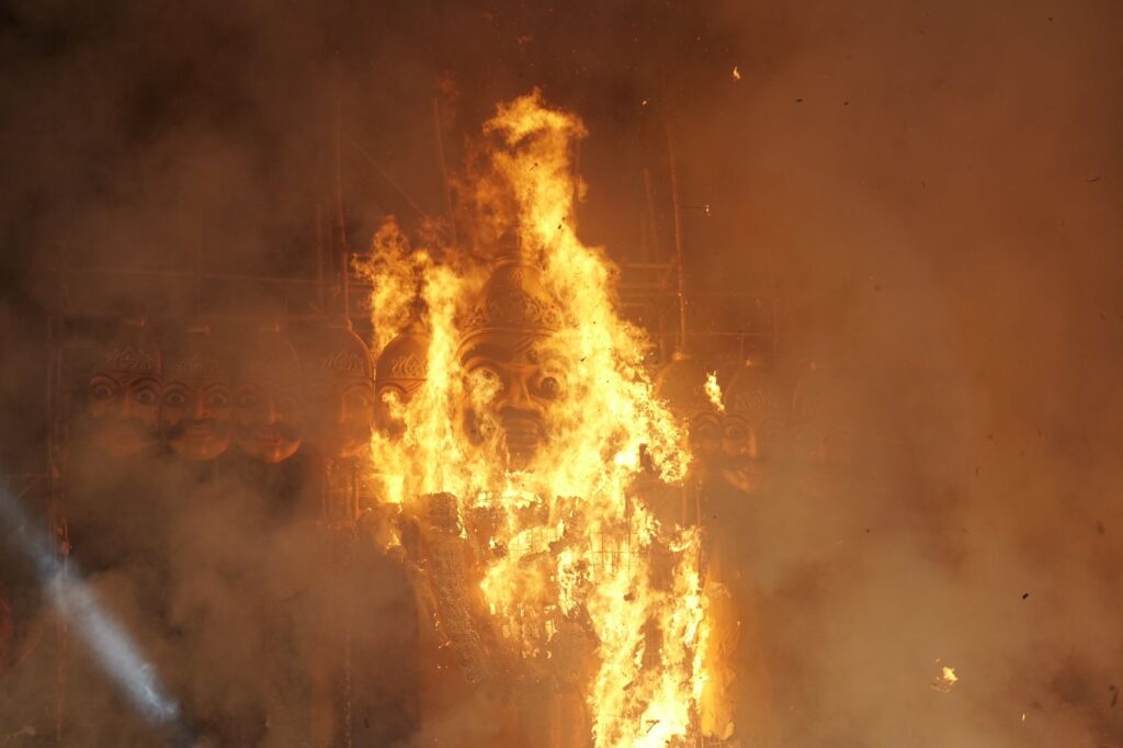 50-feet-tall Ravana effigy burnt on Dussehra organized by Salt Lake Sanskritik Sansad & Sanmarg at Central Park (Salt Lake), Kolkata