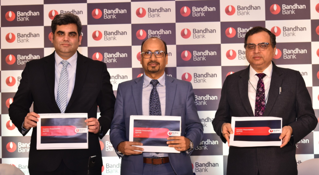 (L-R) Rajeev Mantri, CFO, Bandhan Bank; Ratan Kumar Kesh, MD & CEO, Bandhan Bank, and Rajinder Kumar Babbar, Executive Director, Bandhan Bank at a press conference in Kolkata.