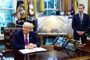 Missile defense system intercepting incoming threats — Golden Dome concept