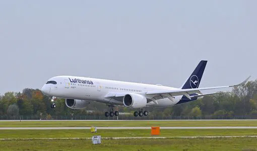 Lufthansa aircraft on tarmac at Frankfurt airport before Hyderabad flight