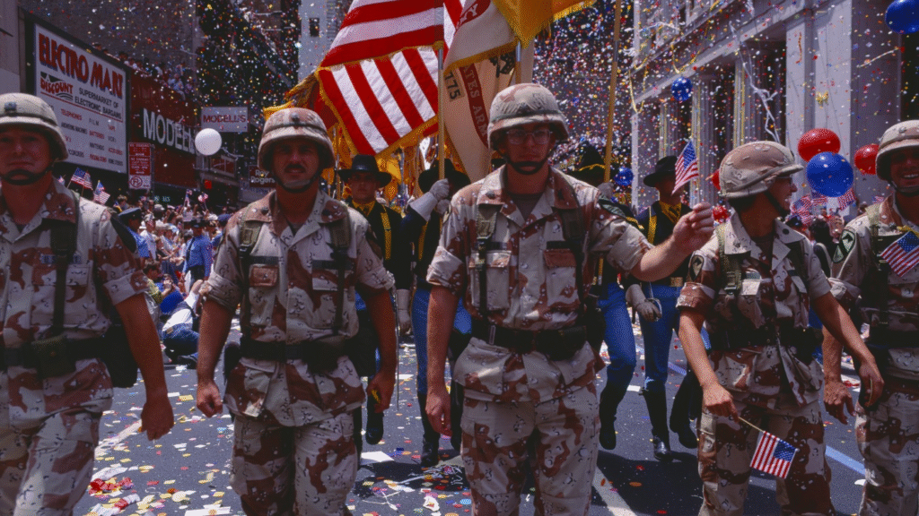 American soldiers marching during Flag Day parade