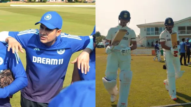 Captain Shubman Gill delivering a motivational speech to the Indian team during intra-squad match