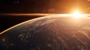 A striking image of Earth from space with a sunrise visible