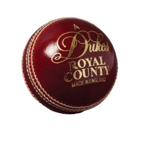 Dukes cricket ball showing the prominent seam.