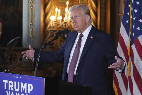 Donald Trump speaking during a press conference about trade policy.