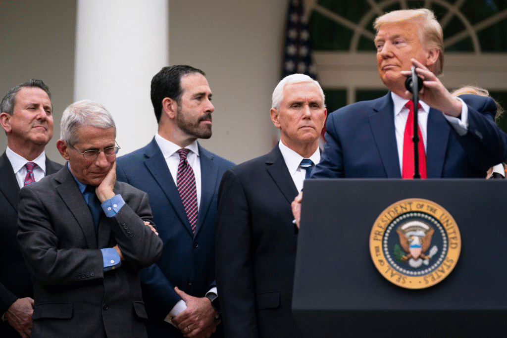 Photo of President Trump speaking at a formal press conference
