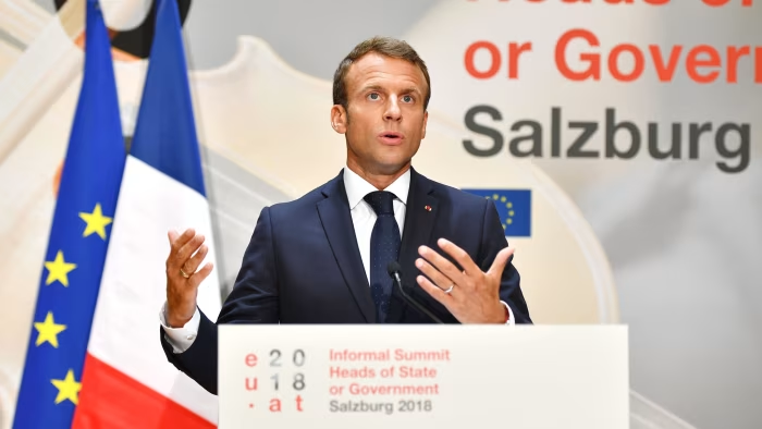 Emmanuel Macron addressing EU summit over Trump tariff concerns