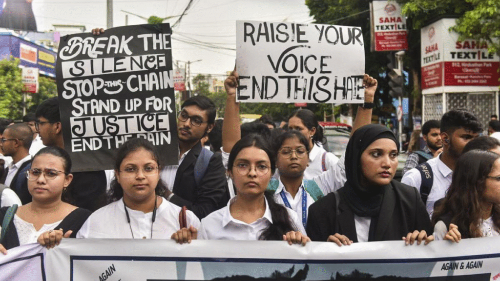 Students protesting at law college demanding action against repeated crimes on campus