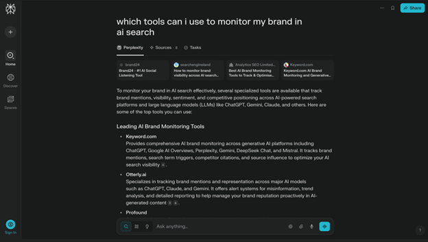 Screenshot of Perplexity Pro’s AI answer dashboard showing real-time results