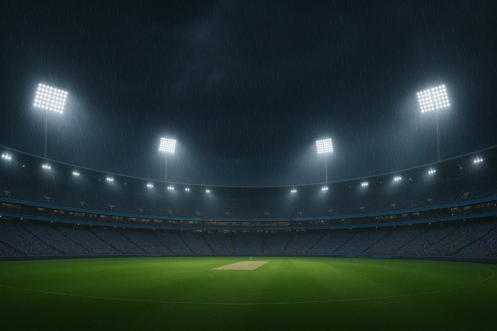 An empty cricket field under cloudy skies, symbolizing the loneliness and emotional darkness Akash Deep endured
