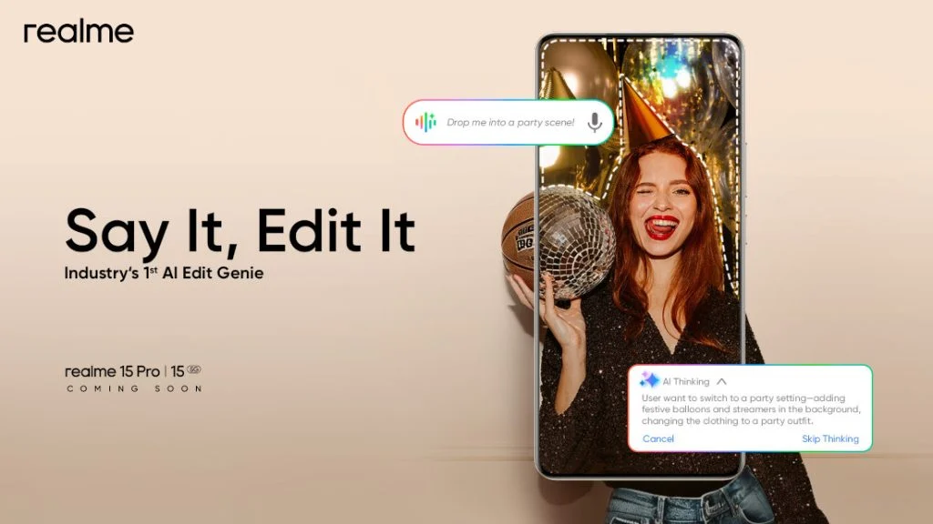 User issues a voice command to the Realme 15, using AI Edit Genie to adjust photo settings hands-free