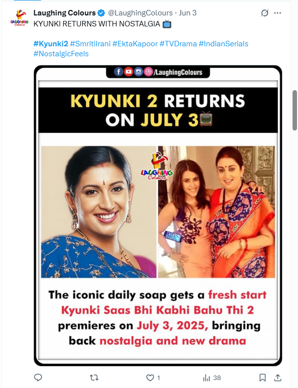 “#Kyunki2 trends on Twitter as fans celebrate the return of the iconic serial with nostalgic posts and emotional reactions. ( Source : Laughing Colours on X.com