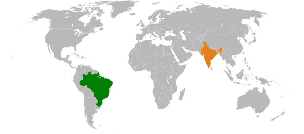 Map showcasing India and Brazil's geographical locations