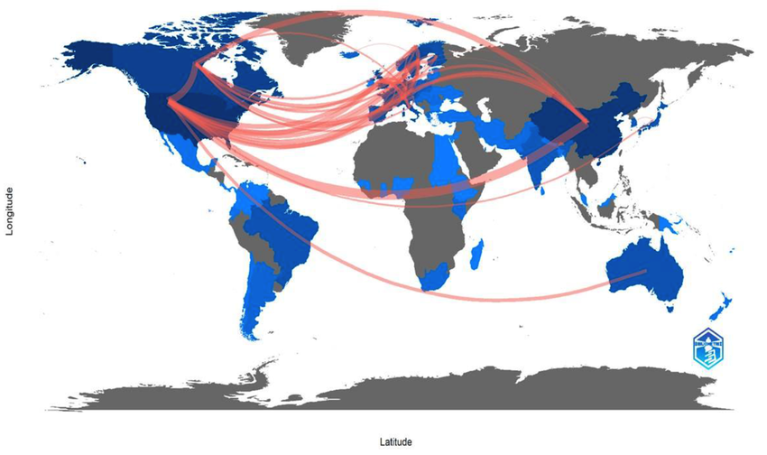 World map illustrating international partnerships.