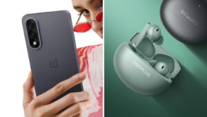 OnePlus Nord 5 series phones and Buds 4 displayed.