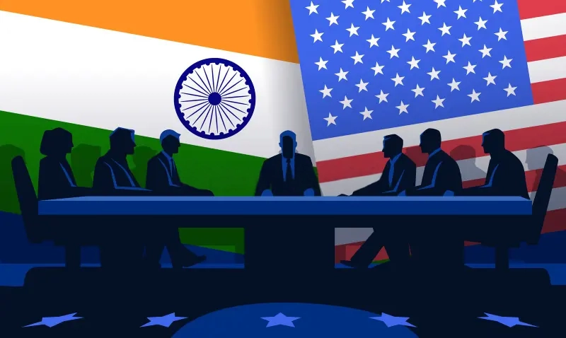 Indian and NATO flags with trade conflict visuals